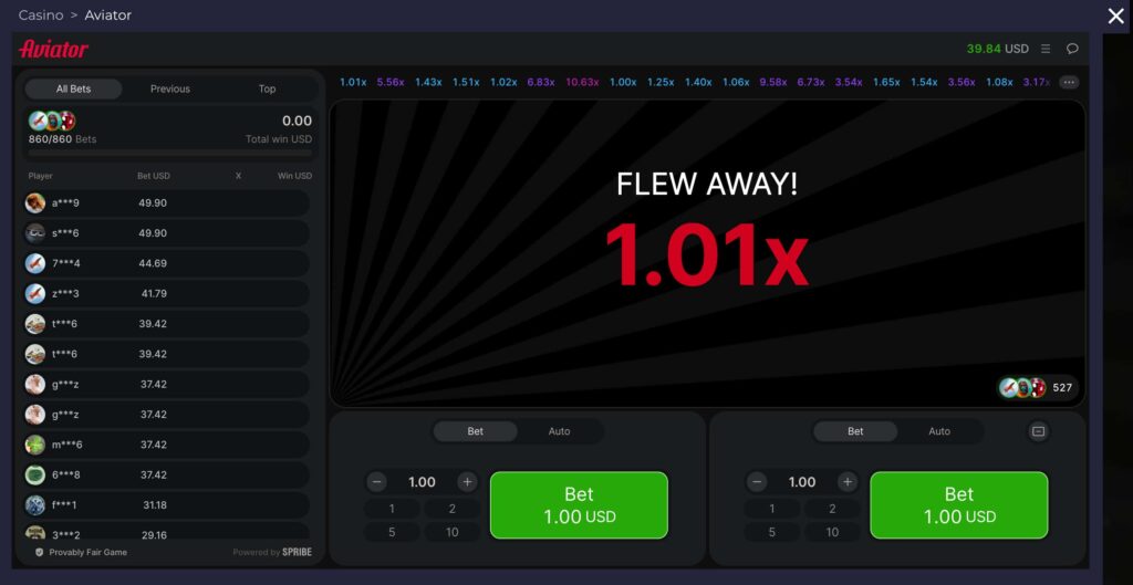 aviator game screenshot showing the plane flying away at 1.01x multiplier