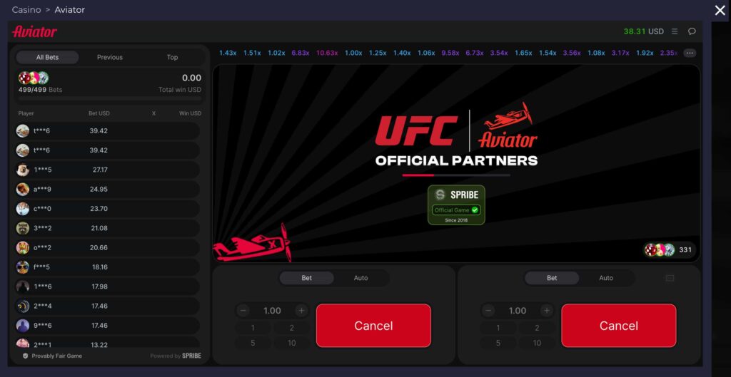 screenshot showing wait time for the aviator game with two bets placed