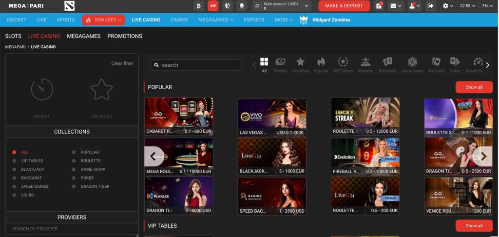Screenshot showing the Live Casino section on Megapari