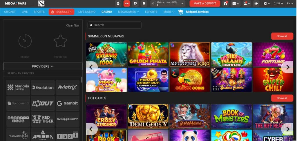 Screenshot showing the Online Casino section on Megapari
