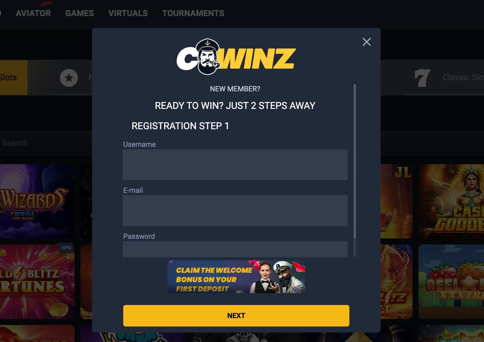 Cwinz registration page