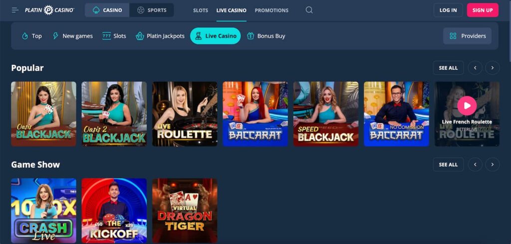 platin live casino section